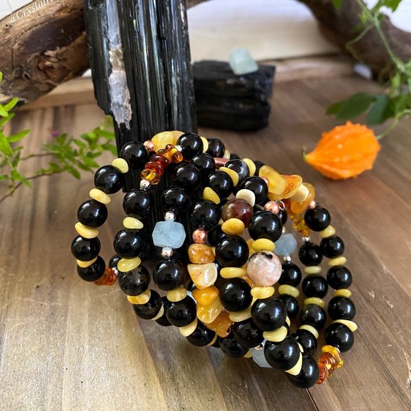 Baltic Amber Black Tourmaline Aquamarine Coiled Wrap Bracelet - Picture 1 of 6